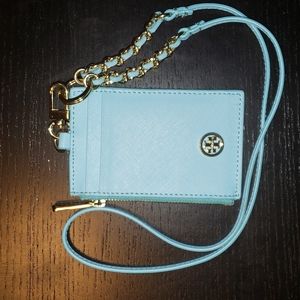 Tory Burch Robinson light blue lanyard card holder with zipped side stash pocket